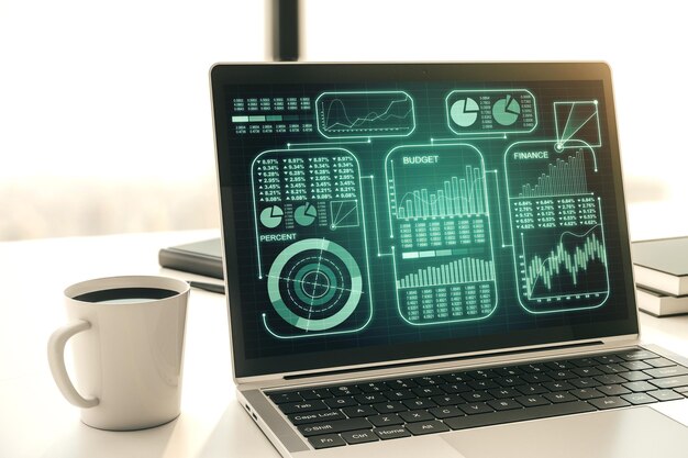 Foto abstract kreative statistik datenhologramm auf modernem computermonitor analyse und vorhersage konzept 3d-rendering