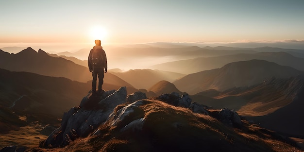 Abstract Male Hiker se encuentra en la cima de una difícil escalada de montaña para ser recibido con una hermosa vista del amanecer Generative ai Estilo de fotografía publicitaria