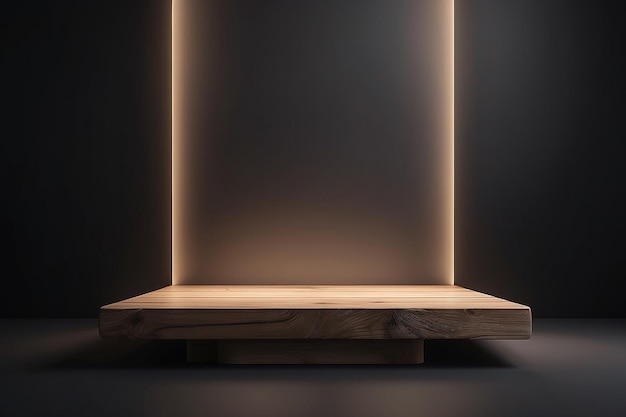 Abstract minimal concept Podium de madeira em fundo escuro com luz brilhante Modelo de apresentação de produto
