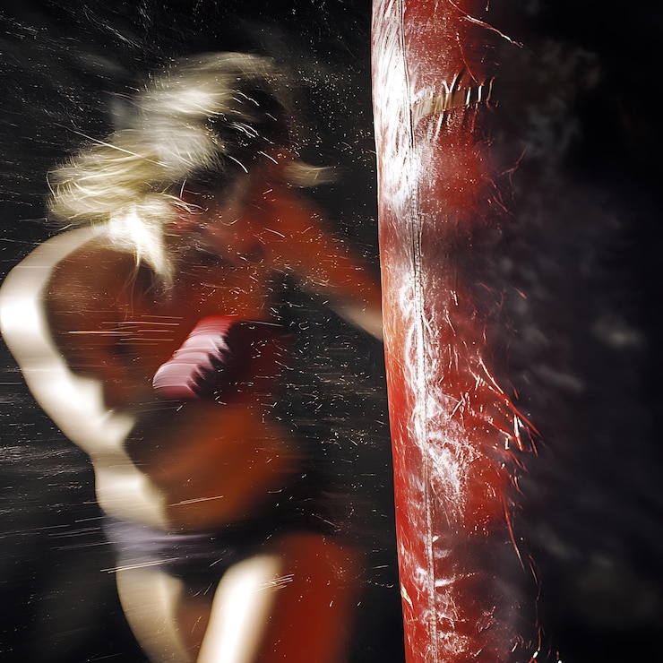 Foto abstract motion blur de uma mulher boxeando com um saco de boxe