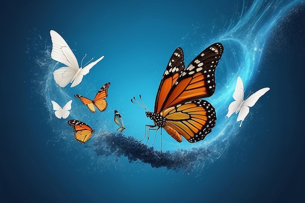 Abstract Transformação digital empresarial inovadora da evolução do ciclo de vida da borboleta fundo azul
