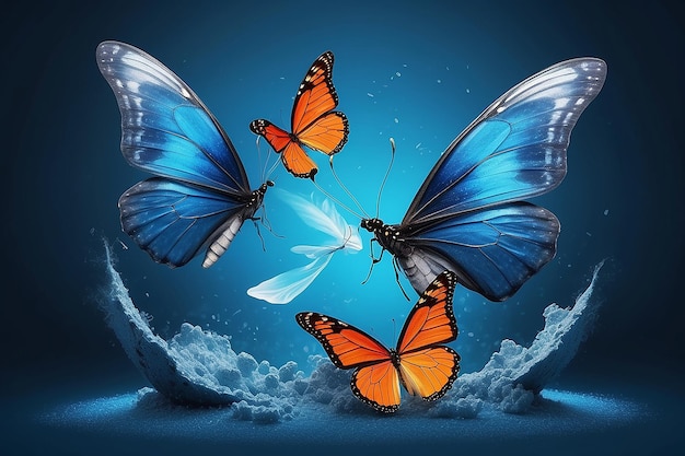 Abstract Transformação digital empresarial inovadora da evolução do ciclo de vida da borboleta fundo azul