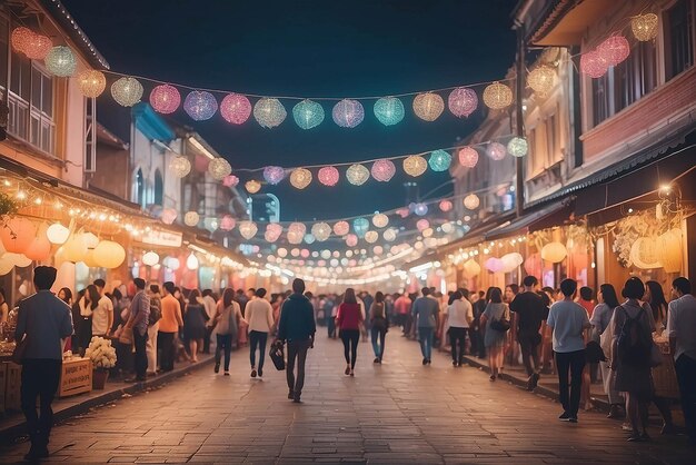 Abstract Verschwommenes Bild des Nachtfestivals auf der Straße mit hellem Bokeh für den Hintergrund, Vintage-Ton