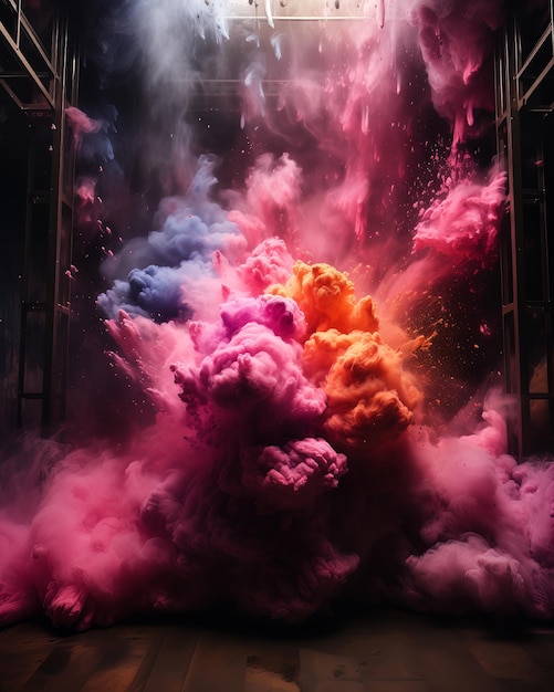 Abstract-Vorlage über Staubpulverexplosion Holi-Hintergrund indischer traditioneller Feiertag farbenfroher Pulverexplosionsgenerative KI