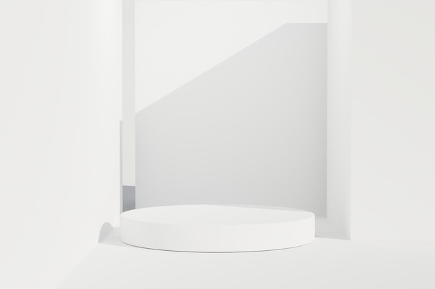 Abstract Weißer 3D-Rundposten-Podium-Zylinder-Render für Produkt-Anzeige auf weißem Wandhintergrund