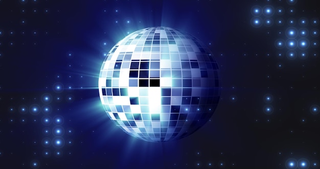 Abstracta bola de discoteca redonda con espejo azul para discotecas y bailes en clubes nocturnos años 80 años 90 años fondo luminoso