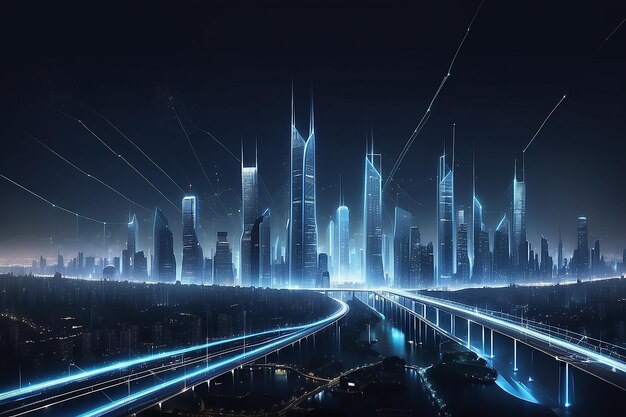 Abstracta ciudad nocturna futurista con puntos y conexión de líneas Concepto para ciudad inteligente IOT