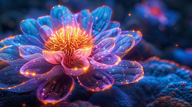 Abstracta flor de punto digital que irradia luz de neón en un paisaje surrealista de colores fantásticos