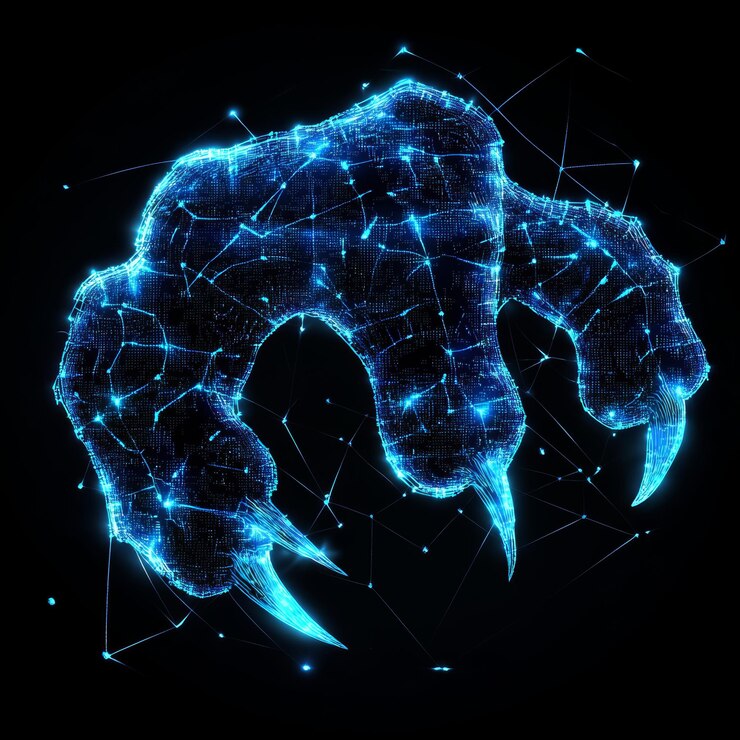 Foto abstracta mano humana poligonal azul en fondo oscuro renderizado en 3d