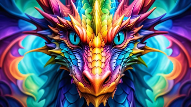Abstractamente espectacular un colorido dragón baila en un increíble y magnífico primer plano una explosión 3D