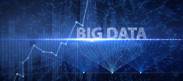 Abstracte breite panoramische blaue Big-Data-Hintergrund Technologie und digitales Wissenschaftskonzept 3D-Rendering