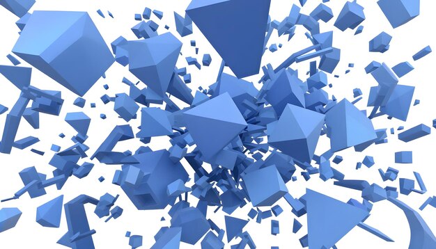 Abstracto 3D Formas geométricas azules que explotan en el espacio blanco Una pieza de arte digital