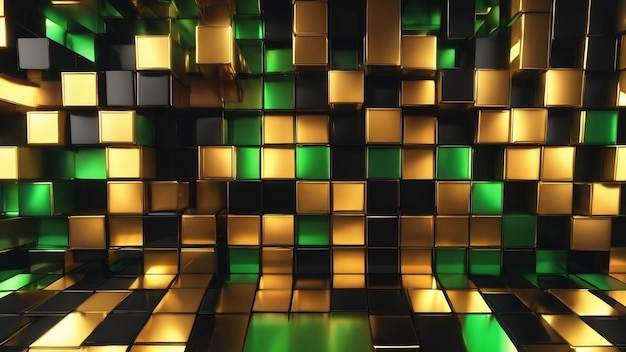 Abstracto 3d quadratos pixels modelo ouro e preto cores metálicas redyellow e luz verde na superfície