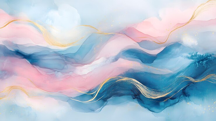 Abstracto Acuarela de fondo con líneas doradas y tonos rosados y azules