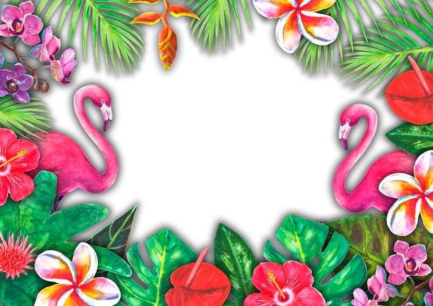 Abstracto acuarela de verano paraíso tropical dibujado a mano papel colorido plantas tropicales flamenco rosado