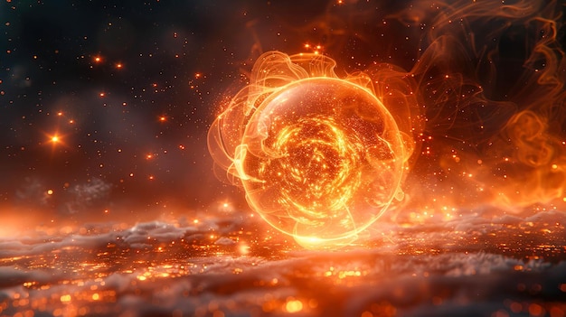Abstracto amarillo naranja brillante energía mágica brillante alta tecnología esfera círculo de bola en el fuego