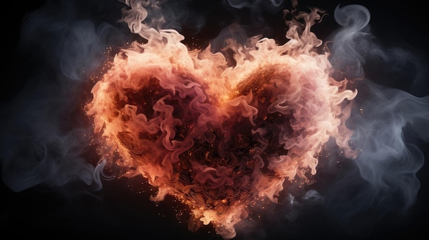 Abstracto amor romántico oscuro corazón hecho de humo y fuego concepto de Día de San Valentín