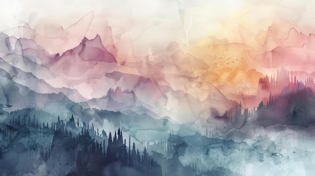 Abstracto Aquarela Paisagem de Montanha Rendição artística de aquarela de uma paisagem de montanha em camadas fundindo tons de rosa, azul e roxo em uma composição de sonho