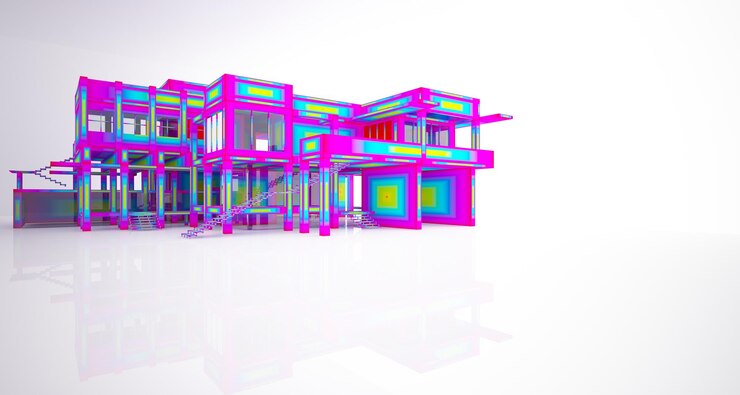 Foto abstracto arquitectónico blanco y vidrio interior de color gradiente de una casa minimalista