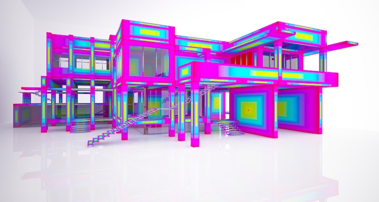 Foto abstracto arquitectónico blanco y vidrio interior de color gradiente de una casa minimalista