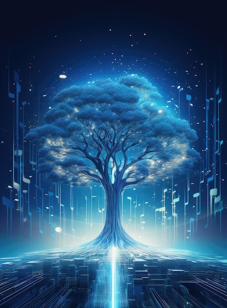 Abstracto árvore futurista com notas de música em fundo azul escuro ilustração vetorial