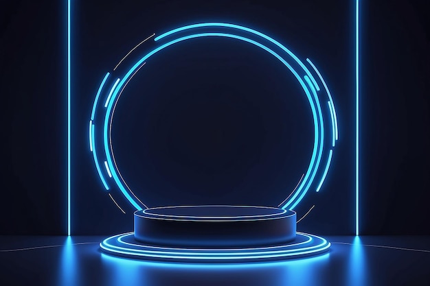 Abstracto azul escuro cilindro pedestal pódio Scifi conceito de sala abstrata com linha de iluminação de curva de néon brilhante Vector renderização de fundo 3D Mockup exibição de produto cena de parede minimalista futurista