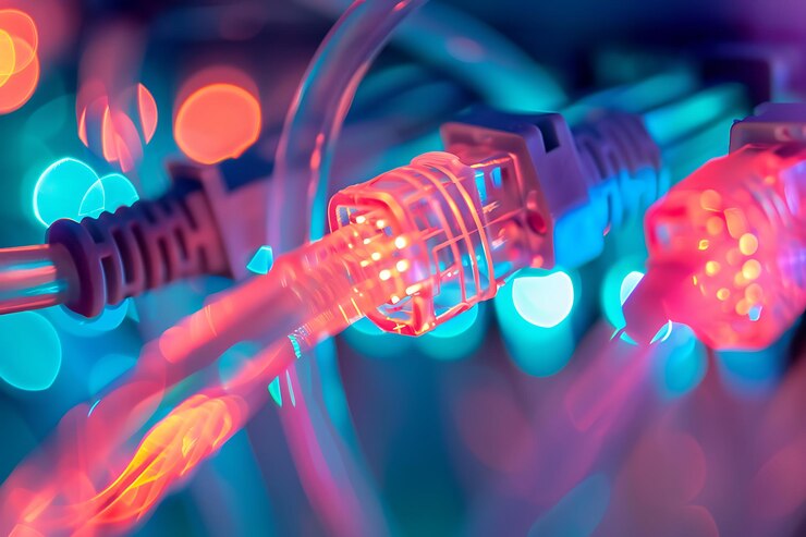 Foto abstracto bokeh colorido de cable de fibra óptica de cerca en el fondo