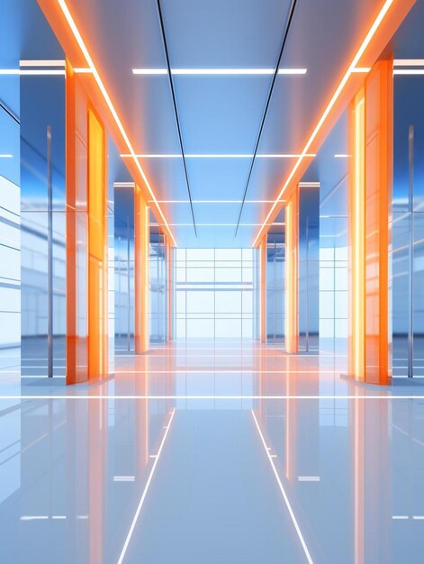 Abstracto borroso interior de oficina contemporáneo fondo azul con efecto de luz de brillo naranja concepto