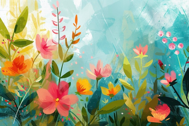 Abstracto botánico vibrante con motivos florales impresionistas y texturas de fondo en capas