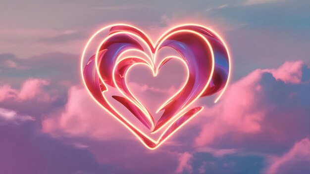 Abstracto brilhante forma de coração de néon e fundo de nuvem