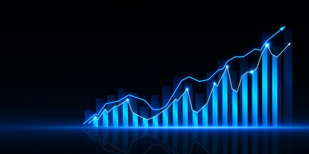 Abstracto brillante y creciente gráfico de negocios azul en fondo oscuro borroso Crecimiento financiero comercio y concepto de acciones Renderización 3D