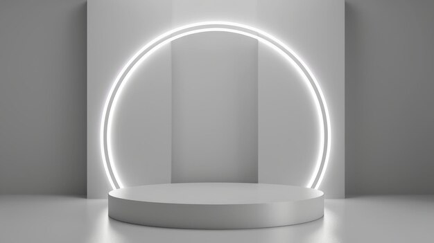 Abstracto brillo cilindro plateado pedestal podio Scifi concepto de habitación vacía blanca con semicírculo brillante iluminación de neón