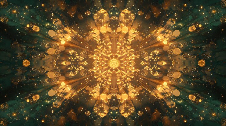 Abstracto Calidoscopio de luces doradas y tonos verdes