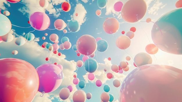 Abstracto cenário de céu de sonho com luz brincalhão 3D balões coloridos flutuando caprichosamente 3D fundo abstrato