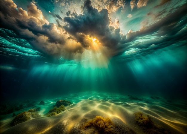 Abstracto Cielo submarino turquesa oscura y oro claro Fotografía de dron