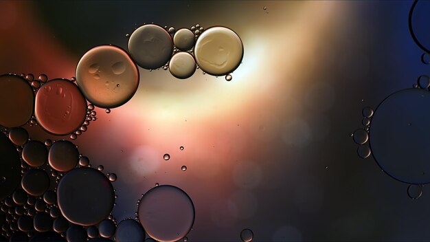 Abstracto Colorido Alimentos Gotas de aceite Burbujas y esferas que fluyen sobre la superficie del agua Fotografía macro