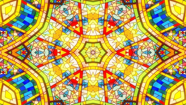Abstracto colorido brillante e hipnótico concepto patrón simétrico ornamental decorativo caleidoscopio movimiento círculo geométrico y formas de estrellas