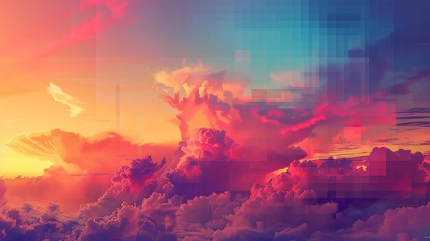 Abstracto colorido paisaje de nubes con efecto de glitch digital