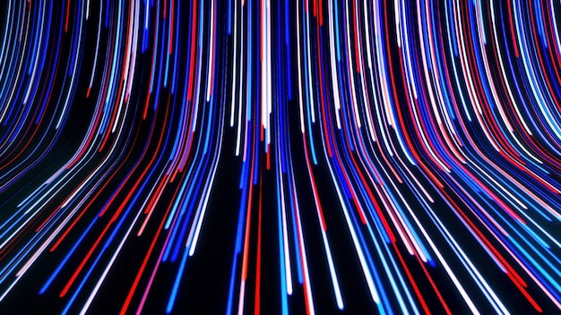 Abstracto colorido que cae rayas de luz como movimiento de cascada moviendo líneas estrechas brillantes en una oscuridad