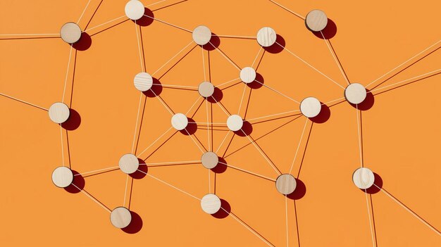 Abstracto Conexión de red Círculos de madera interconectados en fondo naranja