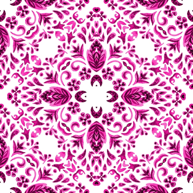 Abstracto sin costuras acuarela ornamental damasco arabesco patrón de pintura de grano floral rosa magenta púrpura y blanco azulejos dibujados a mano diseño de azulejos florales abstractos de cerámica