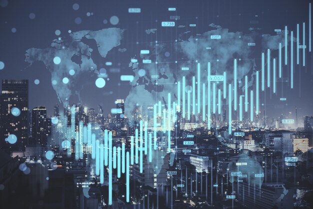 Abstracto creciente gráfico de divisas azul y holograma de mapa en telón de fondo borroso de la ciudad Inversión bancaria y concepto de crecimiento financiero Exposición doble