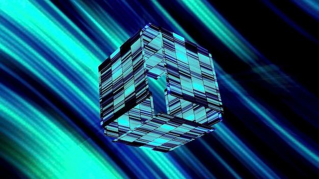 Abstracto cubo brillante con rayos azules de luz movimiento rayado formas cúbicas de neón cayendo a pedazos en