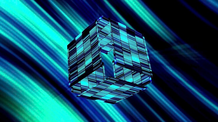 Foto abstracto cubo brillante con rayos azules de luz movimiento rayado formas cúbicas de neón cayendo a pedazos en