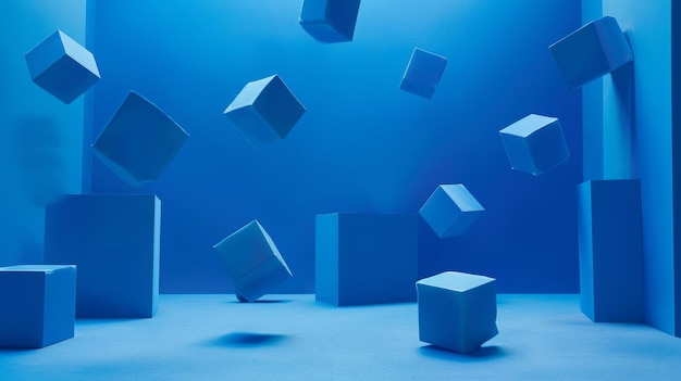 Abstracto Cubos azules flotantes en un fondo geométrico minimalista