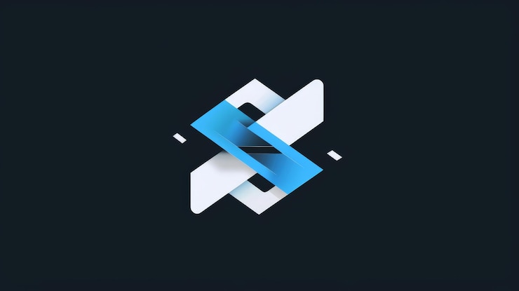 Foto abstracto diseño de logotipo geométrico azul y blanco en fondo oscuro