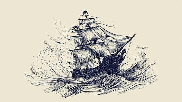 Abstracto Doodle de navio ondas vento naufrágio vela capitão de mar convés pirata mastro oceano fragata viagem leme âncora água Gerado por IA