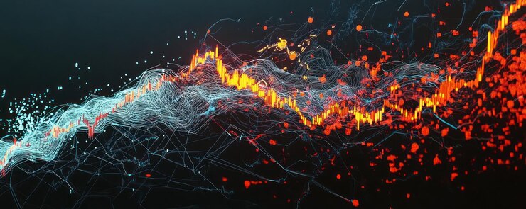 Foto abstracto flujo de datos de fuego paisaje digital fondo tecnológico