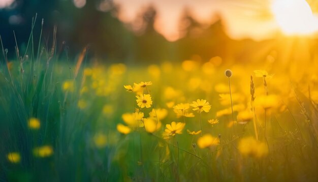 Abstracto foco suave pôr do sol campo paisagem de flores amarelas e grama prado hora dourada quente