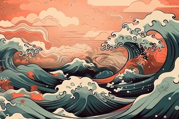 Abstracto El fondo al estilo Hokusai Las olas con el mar